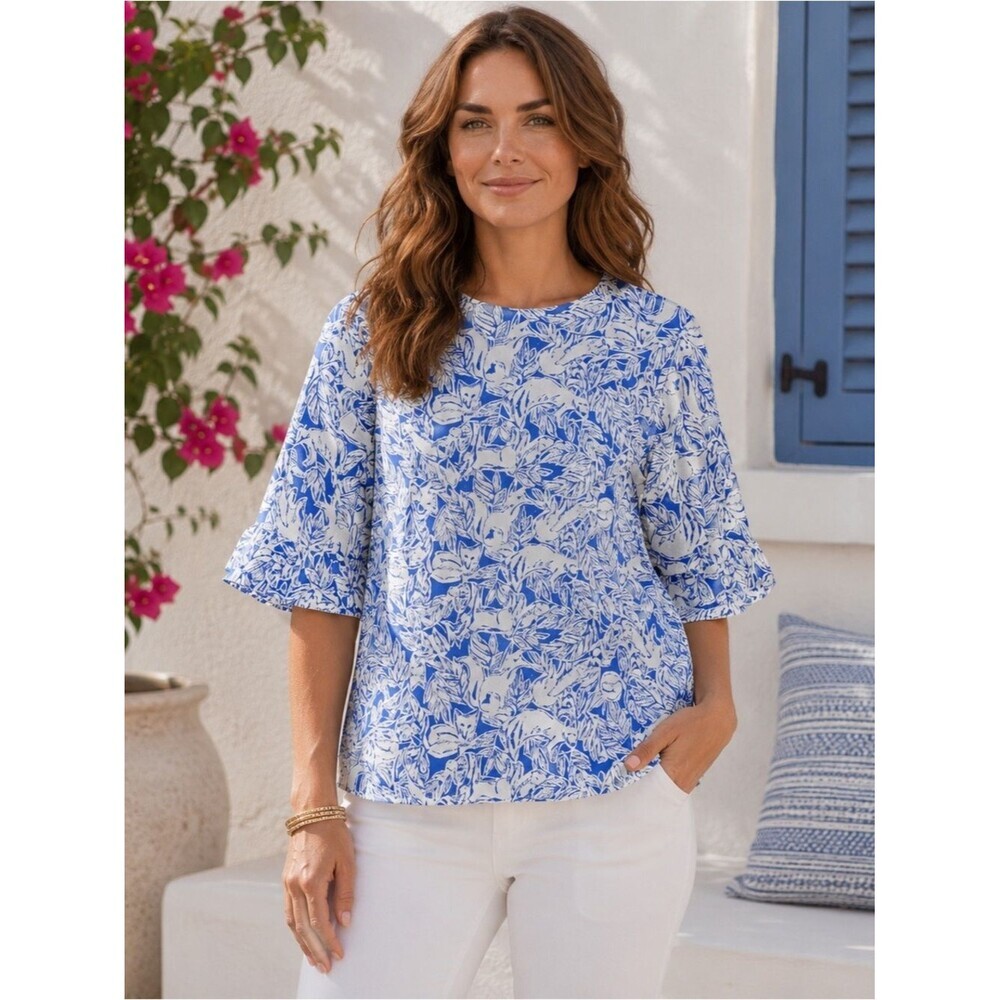 Lilly Pulitzer Fiesta Short Sleeve Top Coastal Blue Fancy Feet Women Size 10